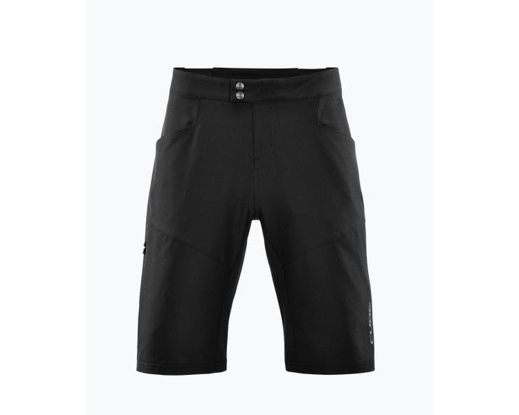 Ein Paar Cube ATX Baggy Shorts CMPT inkl.. Innenhose in schwarz, aus leichtem Stoff mit Knopf- und Reißverschluss, Seitentaschen, einem dezenten Logo am linken Saum, abgebildet auf einem schlichten weißen Hintergrund.