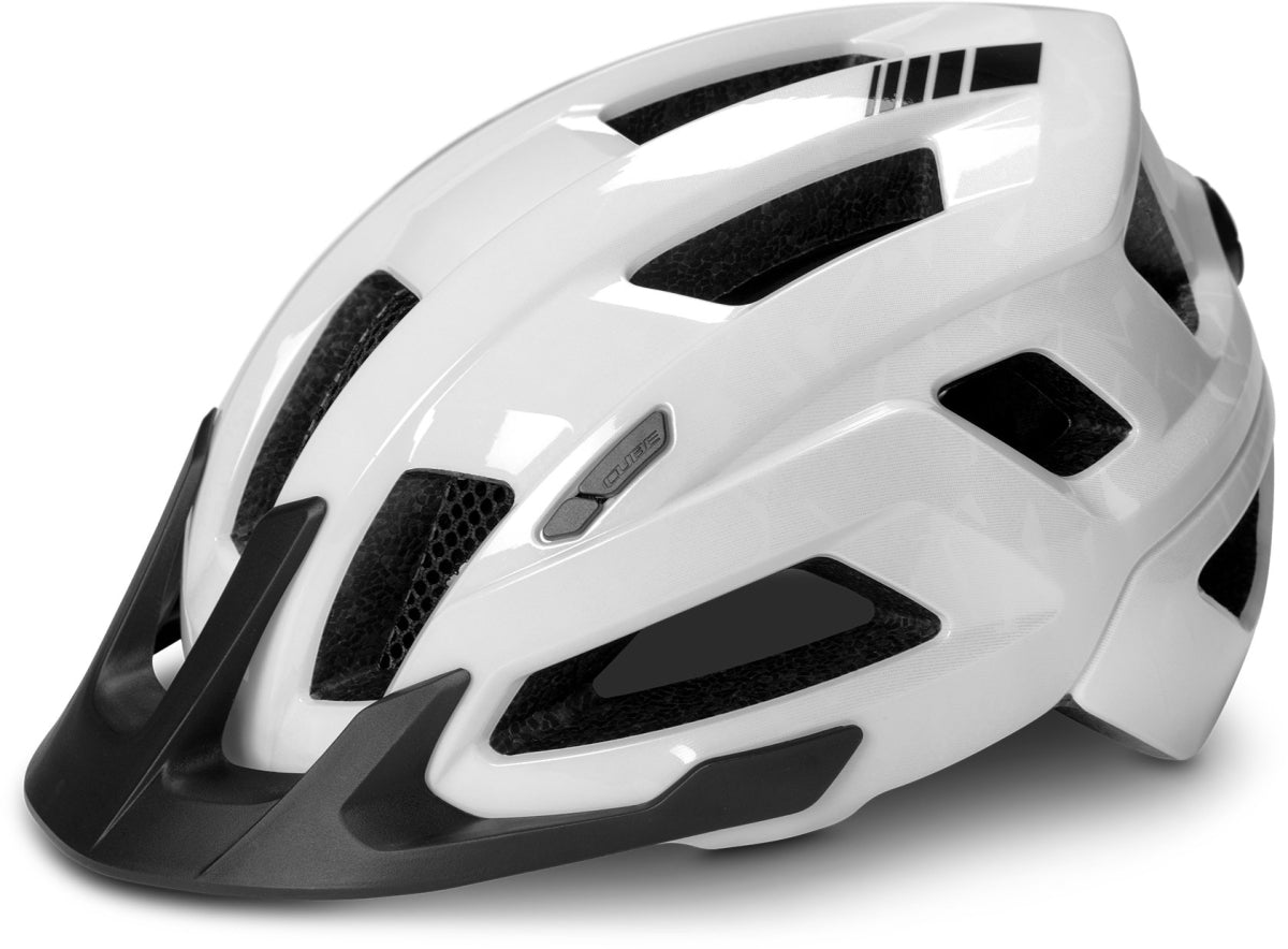 Der Cube CUBE Helm STEEP / All Terrain-Helm ist ein glänzender weißer Fahrradhelm mit mehreren schwarzen Belüftungsöffnungen und einem schwarzen Frontvisier, der für Sicherheit und Komfort ausgelegt ist.