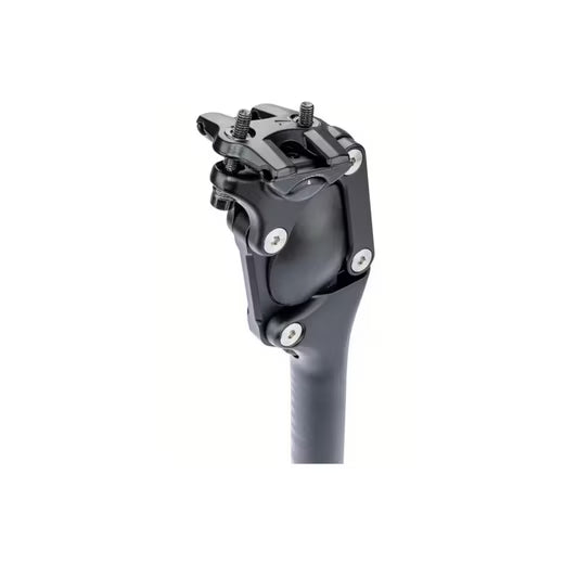 Nahaufnahme einer schwarzen CONTEC PARALLELOGRAMM Sattelstütze, 30,9mm Durchmesser und 350mm lang, mit einer verstellbaren Klemme mit mehreren Schrauben zur präzisen Montage und Einstellung des Fahrradsattels.