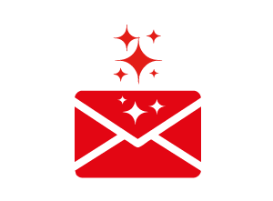 Ein rotes, funkelndes Briefumschlag-Symbol auf weißem Hintergrund symbolisiert eine besondere oder spannende Botschaft vom CUBE Store Göttingen.