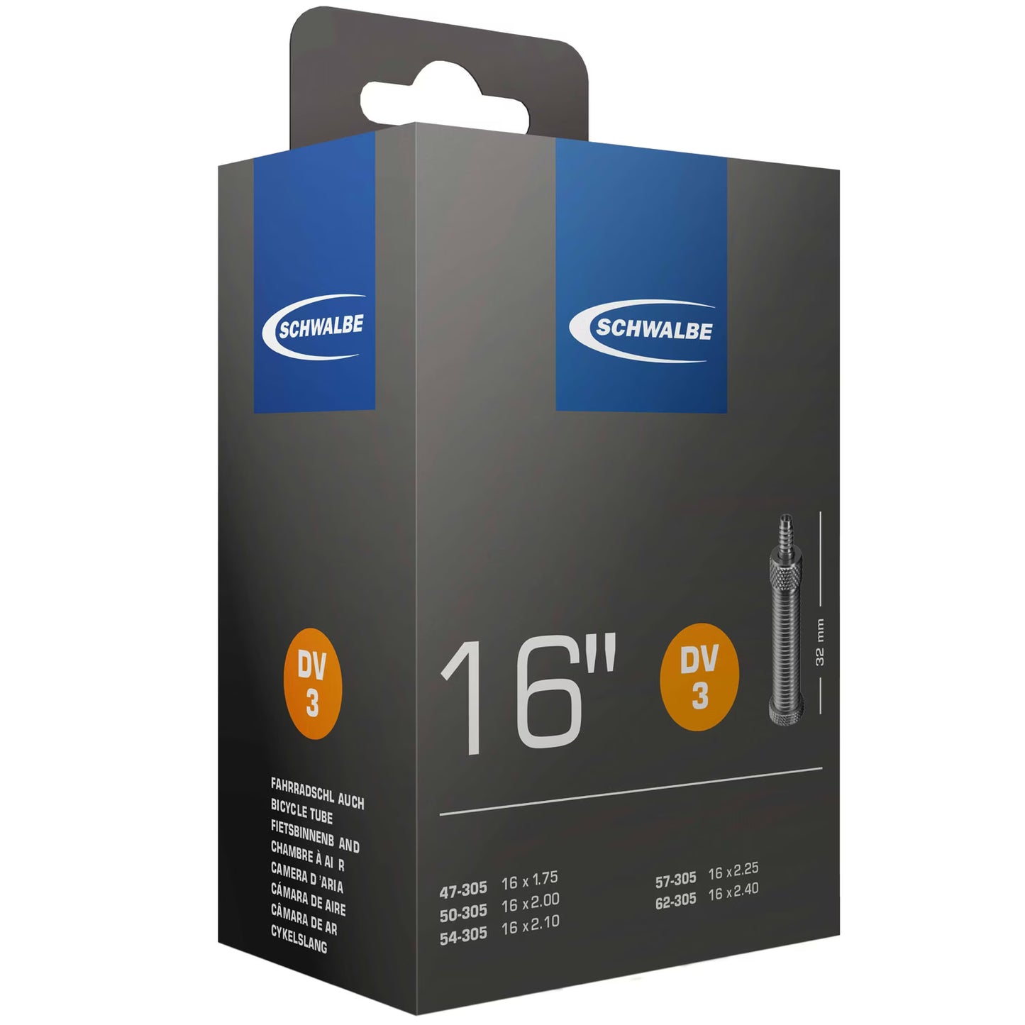 Der Schwalbe Schlauch DV 3 / 16" ist in einem grauen Karton mit blauen und orangefarbenen Akzenten verpackt, verfügt über ein Dunlop-Ventil und zeigt Größen- und Ventilinformationen in mehreren Sprachen.
