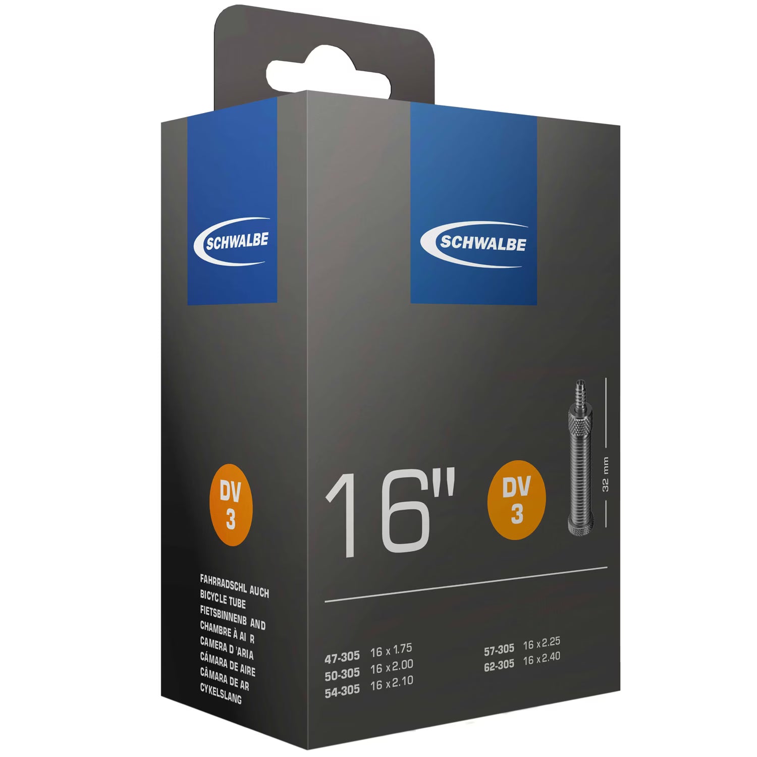 Der Schwalbe Schlauch DV 3 / 16" ist in einem grauen Karton mit blauen und orangefarbenen Akzenten verpackt, verfügt über ein Dunlop-Ventil und zeigt Größen- und Ventilinformationen in mehreren Sprachen.