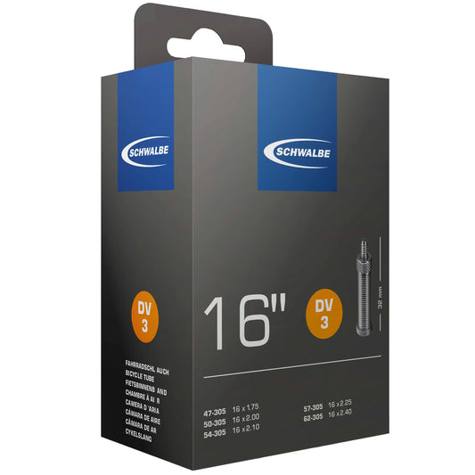 Der Schwalbe Schlauch DV 3 / 16" ist in einem grauen Karton mit blauen und orangefarbenen Akzenten verpackt, verfügt über ein Dunlop-Ventil und zeigt Größen- und Ventilinformationen in mehreren Sprachen.