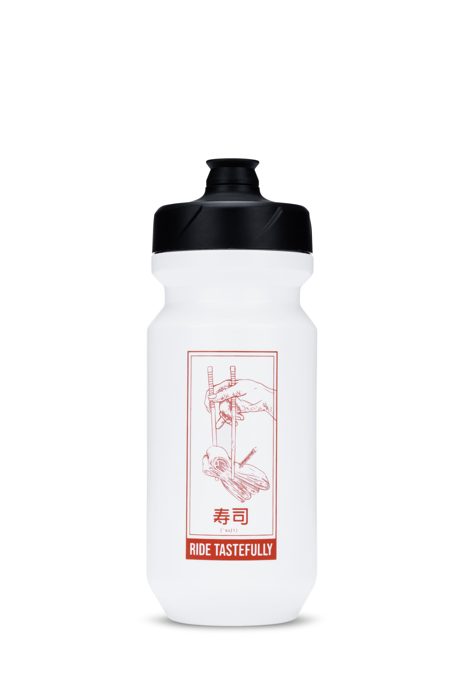 Die weiße Cube CUBE Trinkflasche Flow 500 hat einen schwarzen Push-Pull-Ventil und eine rote Strichzeichnung von Essstäbchen, die Sushi über Nudeln halten, darunter sind japanische Schriftzeichen und "RIDE TASTEFULLY" aufgedruckt.