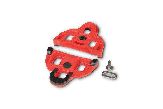 Die RFR Cleats SPD - SL 6° red'n'black (SPD SL) von RFR bestehen aus einer roten thermoplastischen Schuhplatte in zwei Teilen, einem Metallbolzen und einer rechteckigen Unterlegscheibe - perfekt für SPD-SL-Pedale und kompatibel mit den meisten Rennradschuhen.