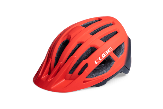 Der Cube CUBE Helm OFFPATH rot / MTB Race Helm ist ein leuchtend roter Fahrradhelm mit schwarzer und grauer Polsterung, Double-In-Mould-Konstruktion, mehreren Belüftungsöffnungen und einem aerodynamischen Design, abgebildet auf einem schlichten weißen Hintergrund.