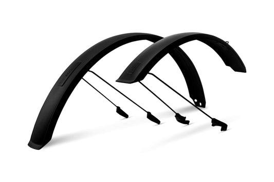 Ein Paar schwarze ACID Schutzblechset 75 29" BB Mount 2.0 Fahrradschutzbleche mit Metallstreben, entwickelt für Vorder- und Hinterräder eines 29" Mountainbikes, von ACID, dargestellt auf weißem Hintergrund.