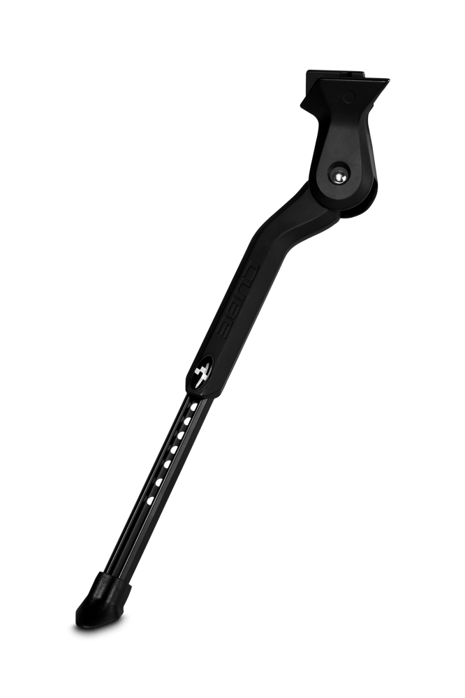 Der CUBE Fahrradständer CUBEstand CMPT 24"-29" von Cube ist ein schwarzer Ständer mit Gummifuß für CUBE Fahrräder mit integriertem System, abgebildet auf einem schlichten weißen Hintergrund.