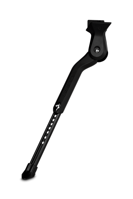 Der CUBE Fahrradständer CUBEstand CMPT 24"-29" von Cube ist ein schwarzer Ständer mit Gummifuß für CUBE Fahrräder mit integriertem System, abgebildet auf einem schlichten weißen Hintergrund.