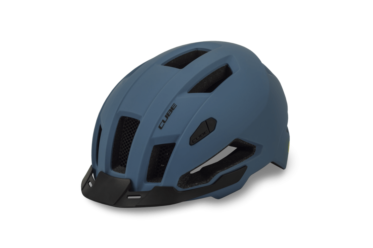 Ein mattblauer Cube Helm EVOY / All Terrain Helm mit schwarzen Belüftungsöffnungen, einer schwarzen unteren Vorderkante und dem Aufdruck "CUBE" an der Seite wird vor einem schlichten weißen Hintergrund gezeigt.