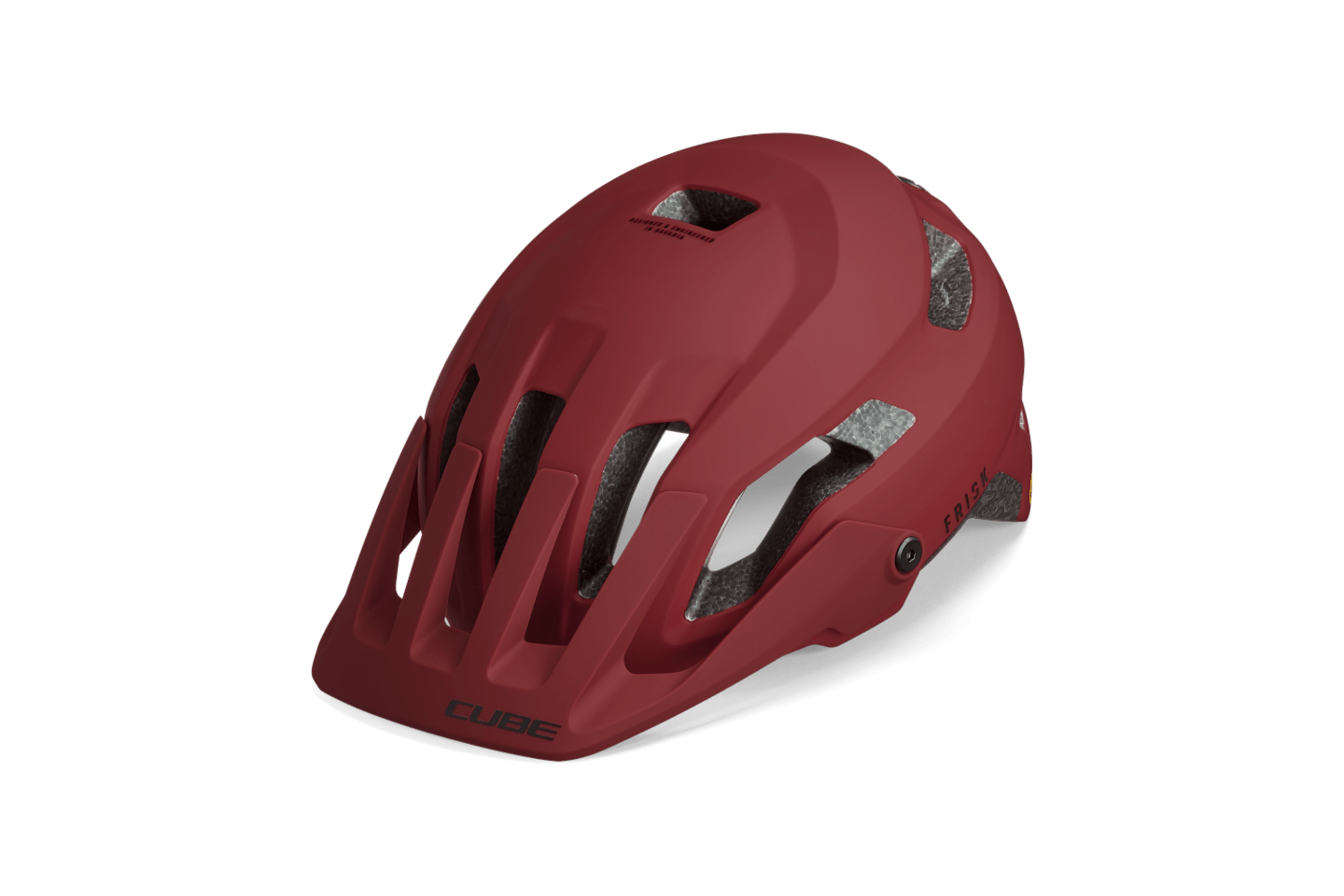 Der CUBE Helm FRISK / MTB Trail Helm von Cube ist in mattem Rot gehalten und verfügt über mehrere Belüftungsöffnungen, ein Visier, eine sichtbare Innenpolsterung und das fortschrittliche CUBE Natural Fit System, alles vor einem schlichten weißen Hintergrund.