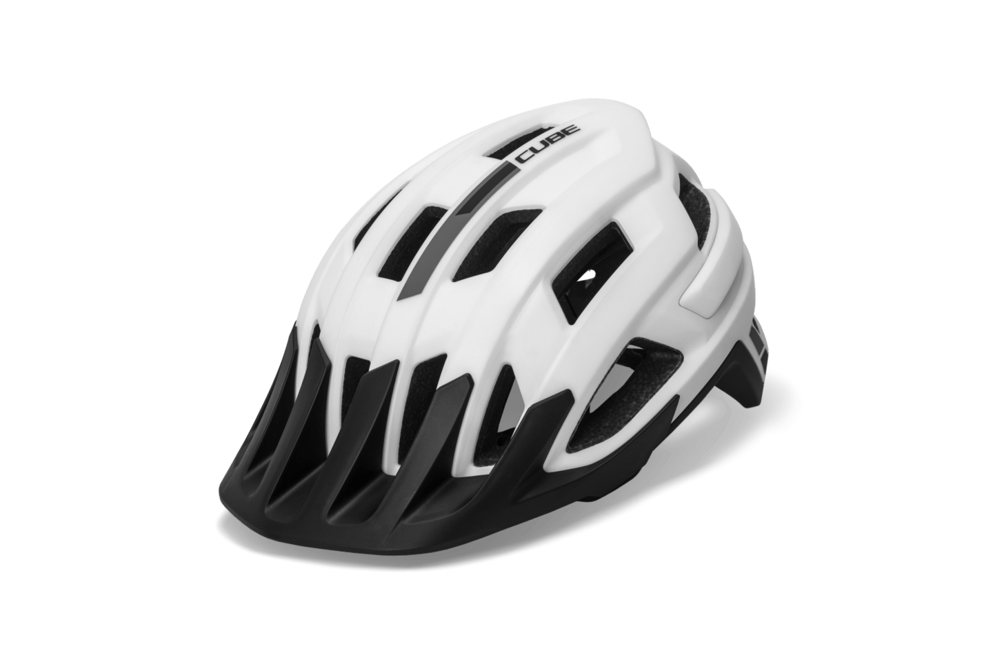 Der CUBE Helm ROOK white von Cube ist ein MTB Trail-Helm in Weiß und Schwarz mit zusätzlichem Kopfschutz, verstellbarem Visier und Belüftungsöffnungen - ideal für Sicherheit und Komfort beim Radfahren. Das schlichte Design wird auf weißem Hintergrund gezeigt.