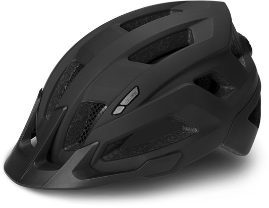 Der Cube CUBE Helm STEEP / All Terrain-Helm in mattem Schwarz verfügt über mehrere große Belüftungsöffnungen und ein Frontvisier, abgebildet auf weißem Hintergrund.