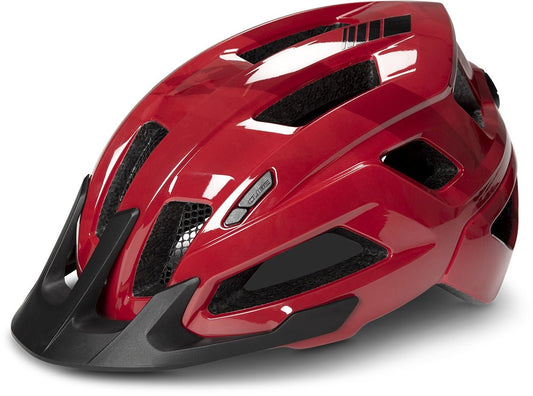 Der CUBE Helm STEEP von Cube ist ein glänzender roter All Terrain-Helm mit mehreren schwarzen Belüftungsöffnungen, einem schwarzen Frontvisier und einem schlanken aerodynamischen Design.