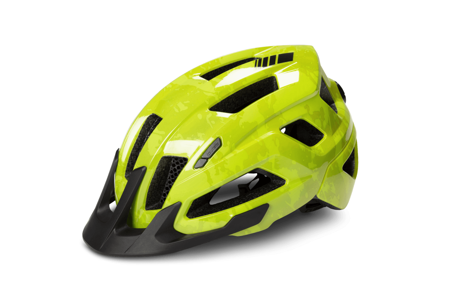 Der Cube CUBE Helm STEEP / All Terrain-Helm in leuchtendem Gelb-Grün mit schwarzen Lüftungsschlitzen und schwarzem Visier ist auf weißem Hintergrund abgebildet.