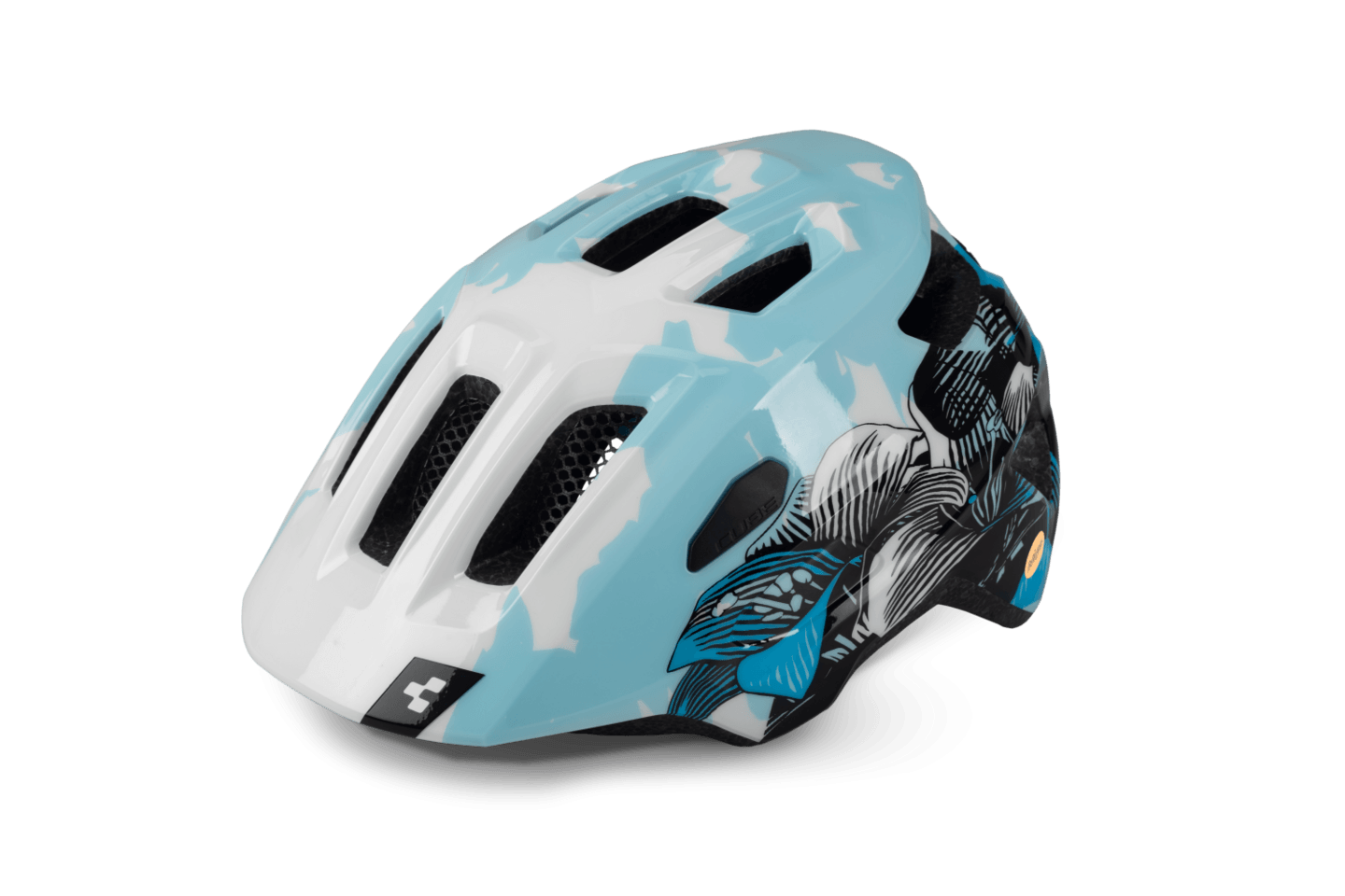 Der CUBE TALOK - Kinderhelm von Cube ist ein blau-weißer Kinderhelm mit schwarzem Blumenmuster und Belüftungslöchern auf weißem Hintergrund.