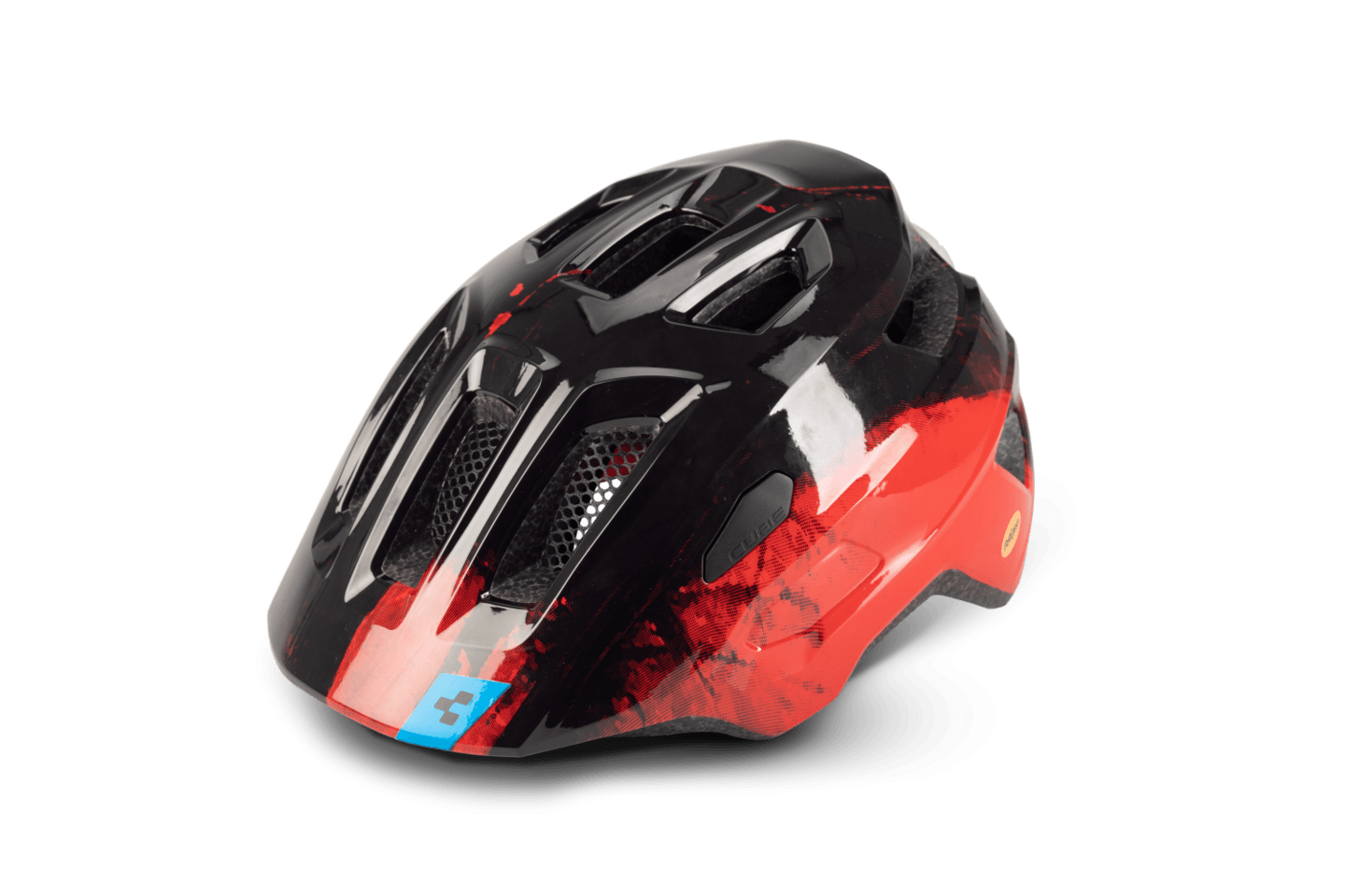 Der CUBE TALOK - Kinderhelm von Cube ist ein schwarz-roter Kinderhelm mit mehreren Belüftungslöchern, einem kleinen blauen Logo auf der Vorderseite und einer glänzenden Oberfläche, die auf einem schlichten weißen Hintergrund zu sehen ist.