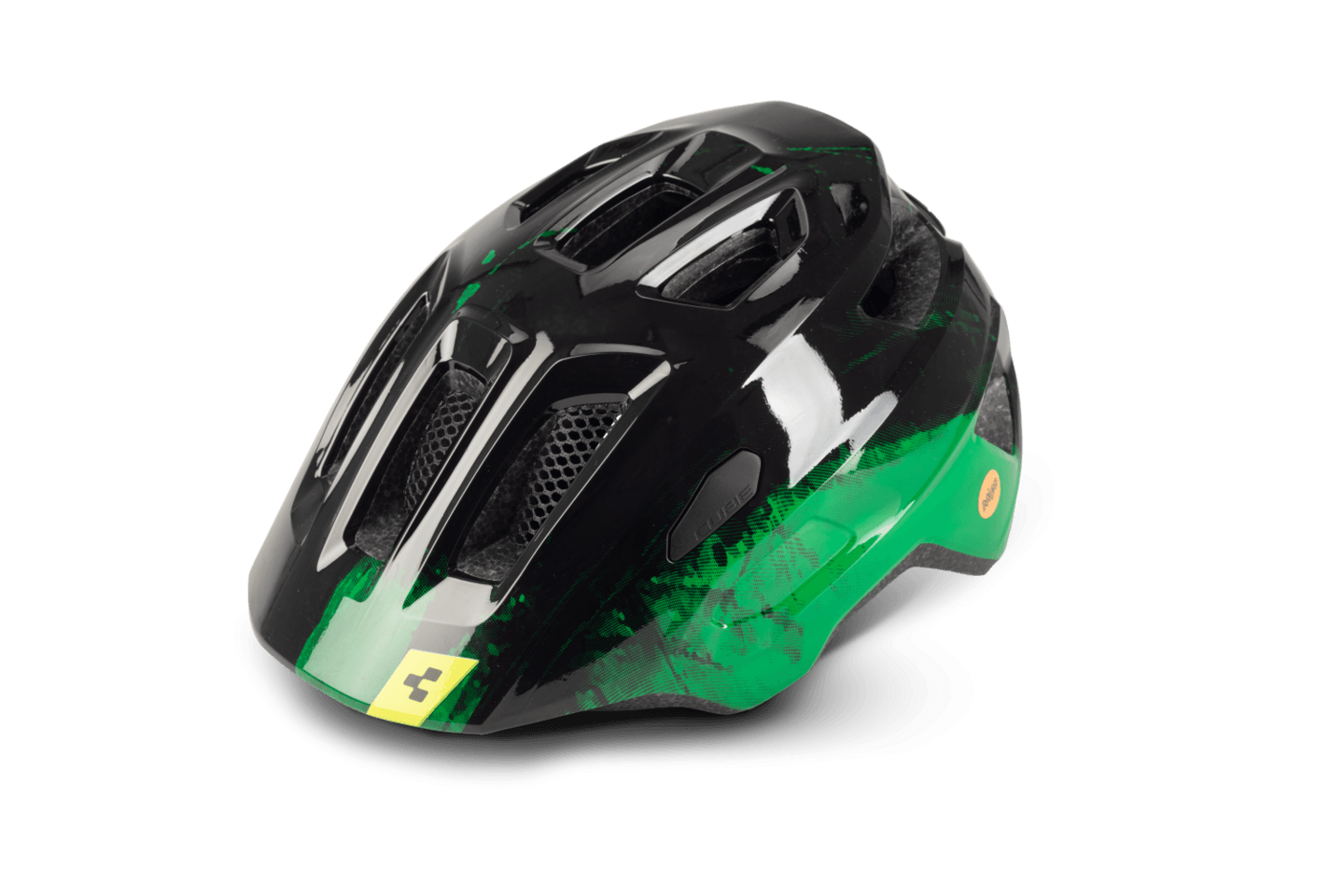 Der CUBE TALOK - Kinderhelm von Cube ist ein schwarz-grüner Kinderhelm mit mehreren Belüftungsöffnungen, einer glänzenden Oberfläche, einem kleinen gelben Seitenlogo und einem fortschrittlichen MIPS-System für zusätzliche Sicherheit.