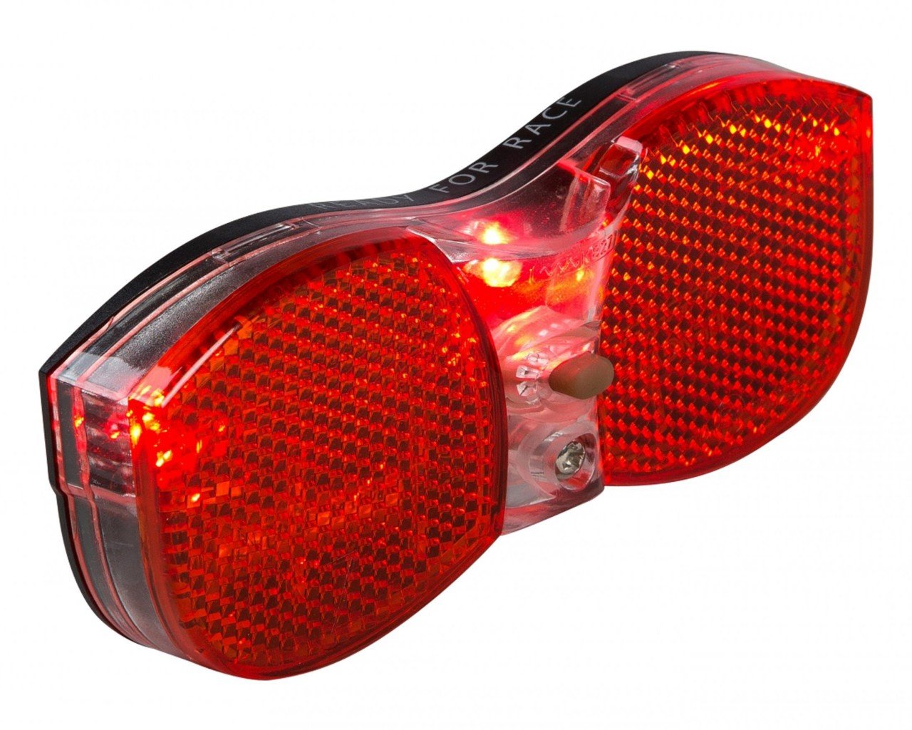 Eine Nahaufnahme des RFR Gepäckträgerrücklichts STANDARD Batterie Rücklicht 80 mm Abstand zeigt ein rotes LED-Rücklicht und Rückstrahler mit transparentem Gehäuse und spritzwassergeschützten Rundprofilen, zugelassen nach StVZO. Marke: RFR.