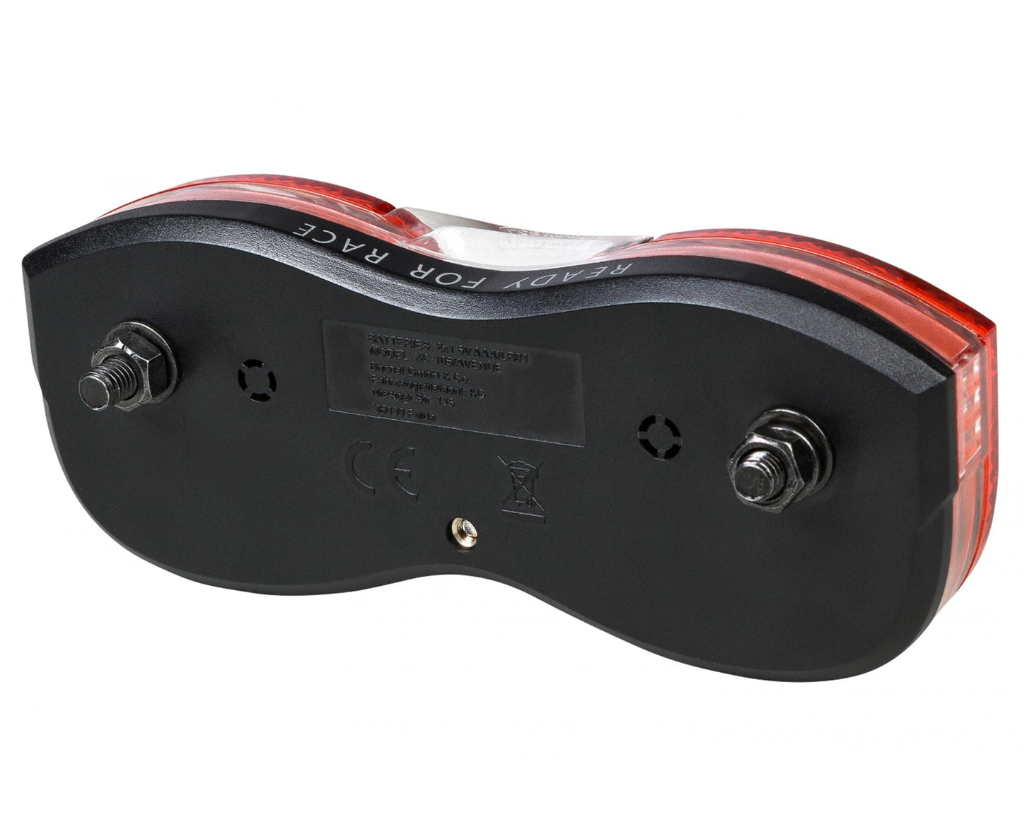 Das Bild zeigt die Unterseite des RFR Gepäckträgerrücklichts STANDARD Batterie Rücklicht (80 mm Abstand) in schwarz und rot, mit zwei freiliegenden Befestigungsschrauben, einem zentralen Etikett und "READY FOR RACE", das in den klaren Kunststoff eingegossen ist.