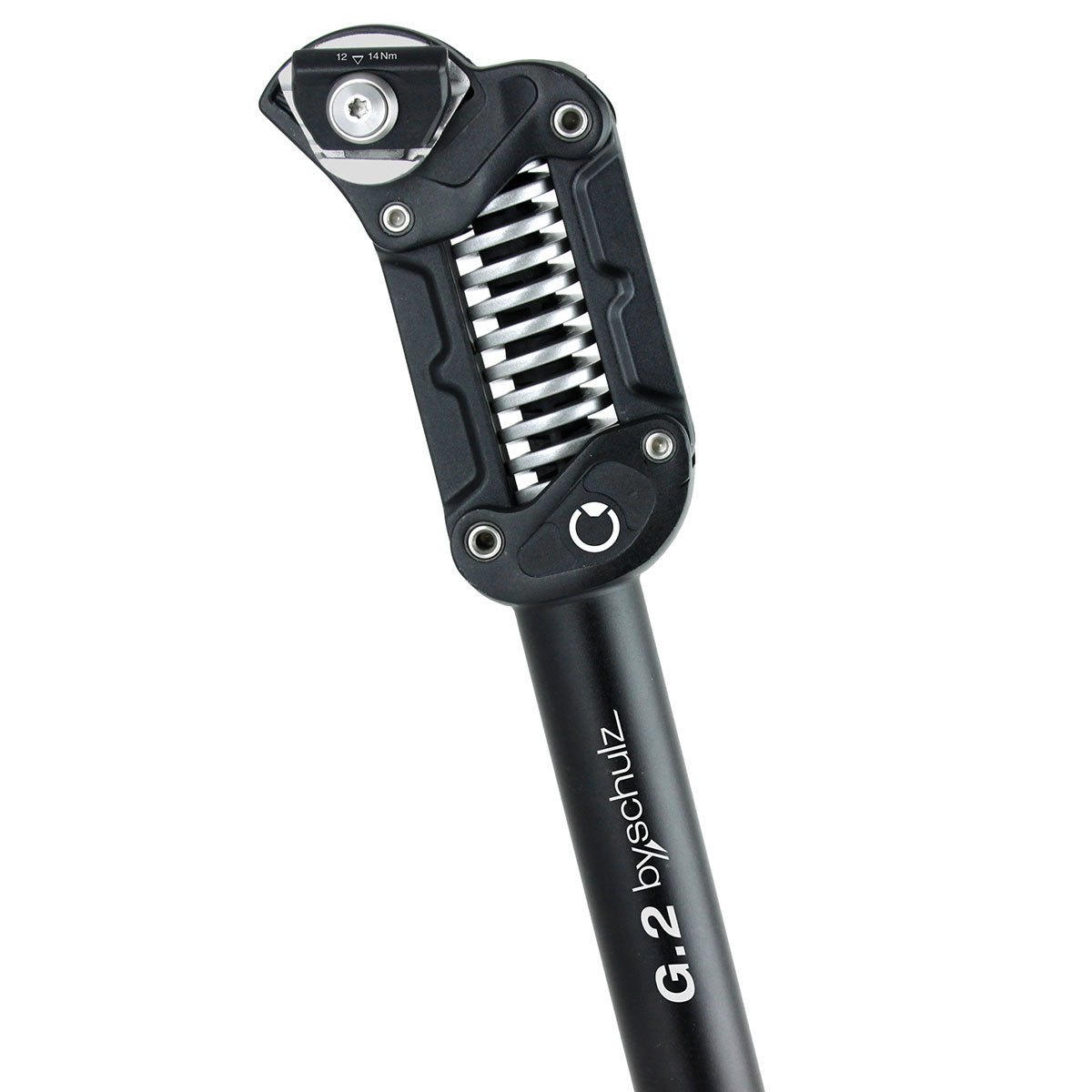 Nahaufnahme einer schwarzen bySchulz G.2 LT Federsattelstütze (Ø 30,9mm, 380mm) mit sichtbarem Federmechanismus, der den Komfort beim Radfahren erhöhen soll.