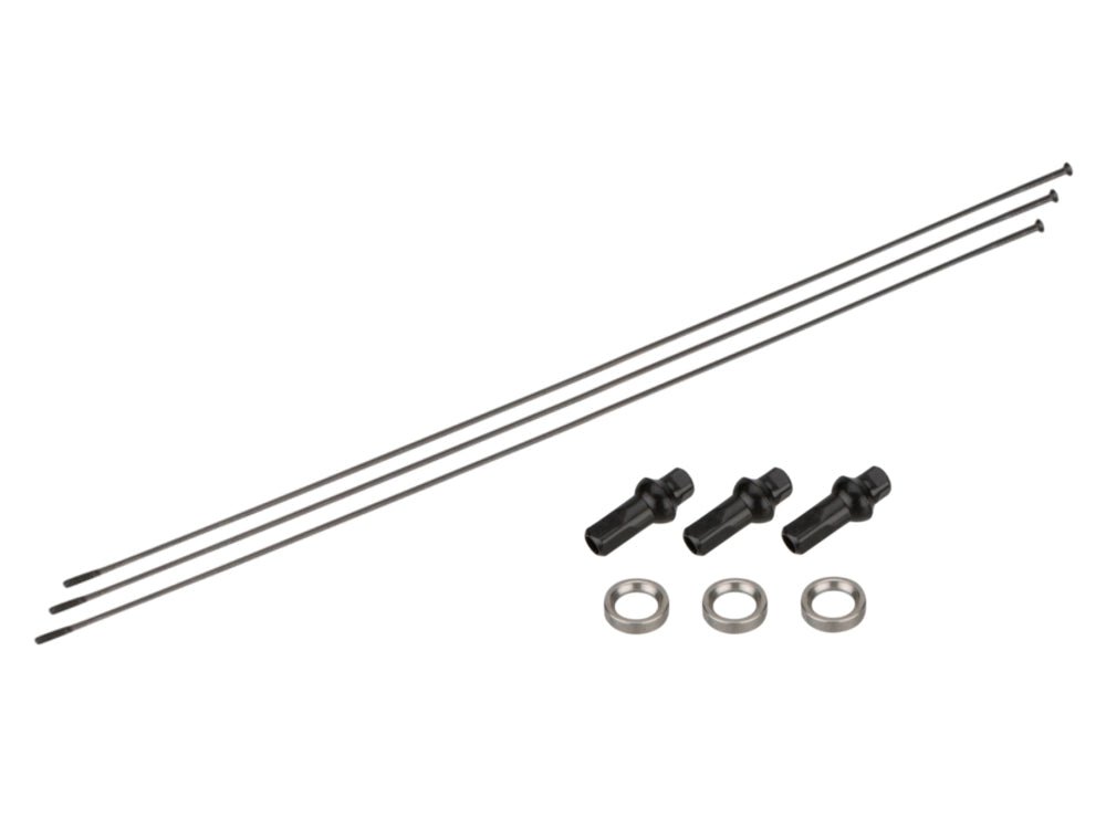 Drei schwarze NEWMEN D-Light 304 mm Speichen mit passenden schwarzen Speichennippeln und drei silbernen Unterlegscheiben aus dem NEWMEN Ersatzspeichen Set, übersichtlich angeordnet auf weißem Grund.