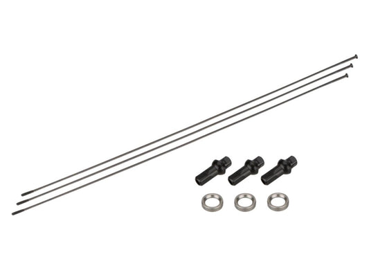 Drei schwarze NEWMEN D-Light 304 mm Speichen mit passenden schwarzen Speichennippeln und drei silbernen Unterlegscheiben aus dem NEWMEN Ersatzspeichen Set, übersichtlich angeordnet auf weißem Grund.