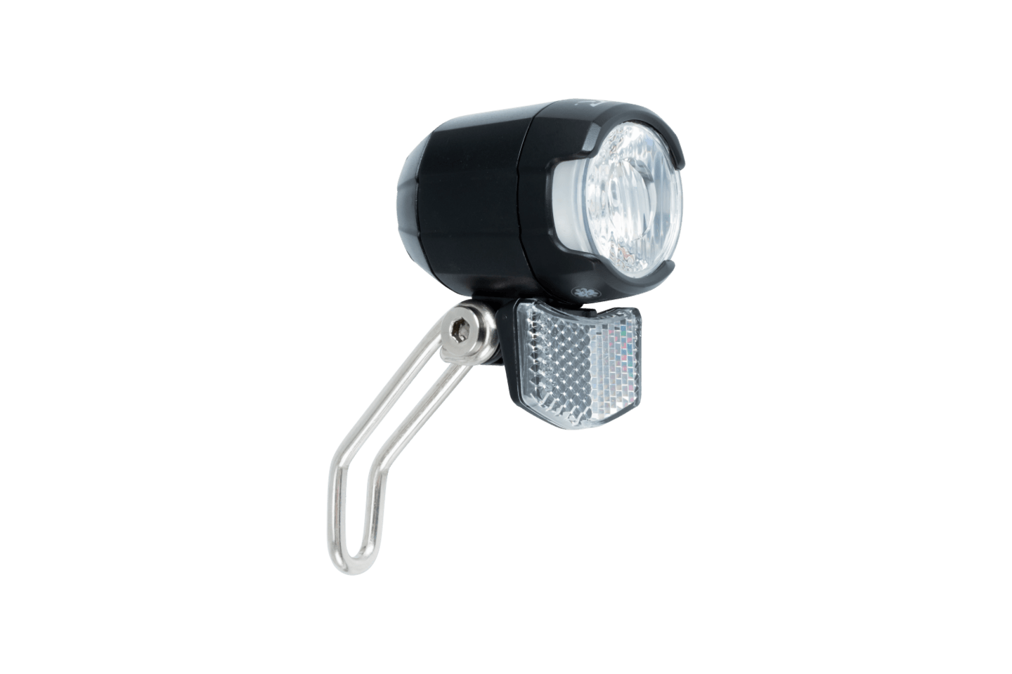 Ein schwarzes RFR E-Bike Frontlicht E 50 für Bosch BES2 Systeme, mit klarer Linse, Metallhalterung und rechteckigem weißem Reflektor darunter, StVZO-geprüft, abgebildet auf einem schlichten weißen Hintergrund.