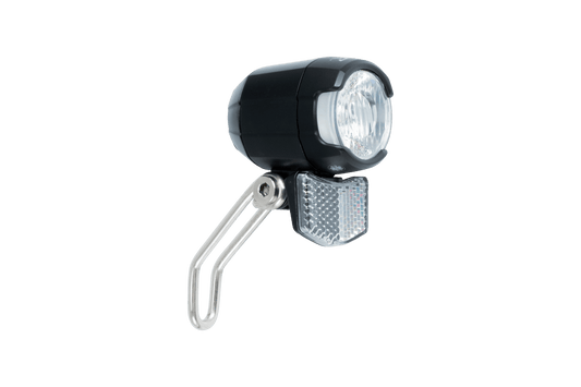 Ein schwarzes RFR E-Bike Frontlicht E 50 für Bosch BES2 Systeme, mit klarer Linse, Metallhalterung und rechteckigem weißem Reflektor darunter, StVZO-geprüft, abgebildet auf einem schlichten weißen Hintergrund.