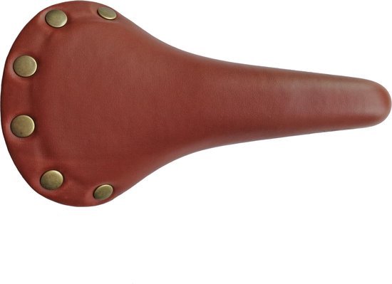 Der RFR Sattel URBAN HPL Classic von RFR ist ein Fahrradsattel aus braunem Leder mit sechs großen Messingnieten auf der Rückseite, die für Komfort und Druckentlastung sorgen, dargestellt von oben auf weißem Hintergrund.