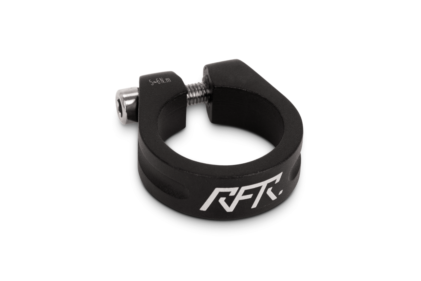 Die leichte RFR Sattelklemme 31.8 / 34.9 mm aus Aluminium 6061 besitzt eine silberne Schraube und ein weißes RFR-Logo an der Seite, präsentiert vor schlichtem weißem Hintergrund.