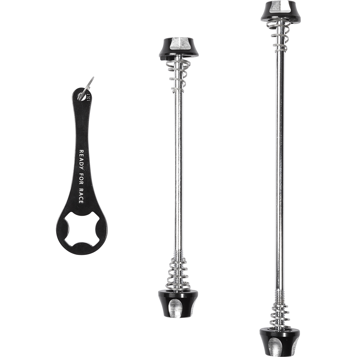 Zwei RFR Spannachsen - Set mit Diebstahlschutz VR/HR Schnellspanner in schwarz und silber stehen senkrecht neben einem schwarzen Schraubenschlüssel mit der Aufschrift "READY FOR RACE" und einem Metallstift - ideal für Laufraddiebstahlschutz und einfache Montage.