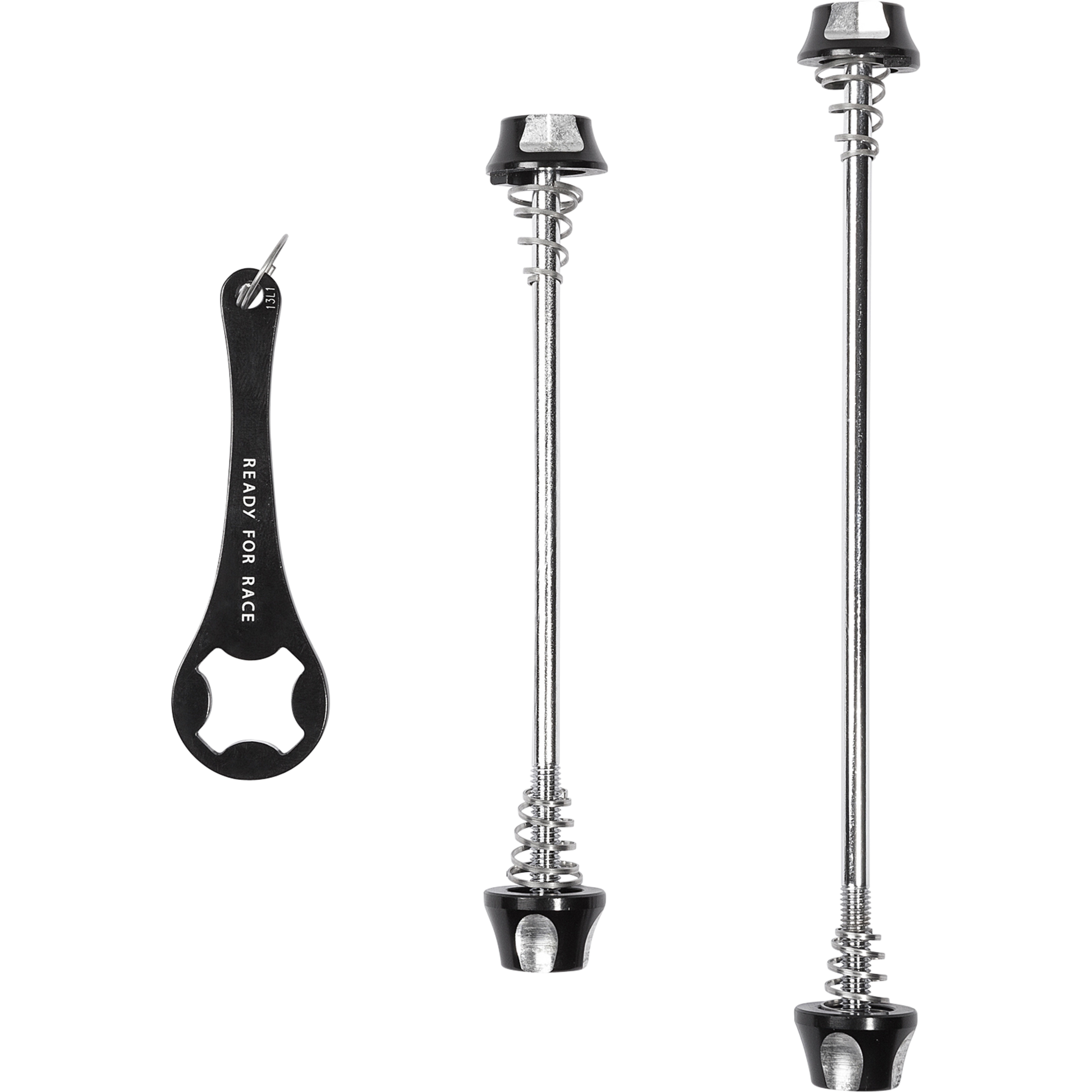 Zwei RFR Spannachsen - Set mit Diebstahlschutz VR/HR Schnellspanner in schwarz und silber stehen senkrecht neben einem schwarzen Schraubenschlüssel mit der Aufschrift "READY FOR RACE" und einem Metallstift - ideal für Laufraddiebstahlschutz und einfache Montage.