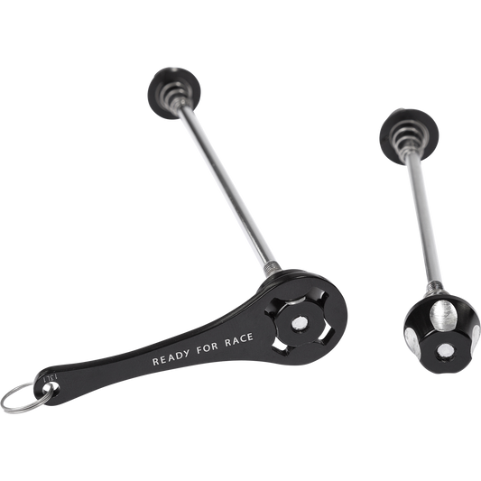 Das RFR Spannachsen - Set mit Diebstahlschutz VR/HR Schnellspanner verfügt über Metallradachsen mit schwarzen Schnellspannhebeln, inklusive READY FOR RACE Aufdruck und Diebstahlschutzring, abgebildet auf einem schlichten weißen Hintergrund.