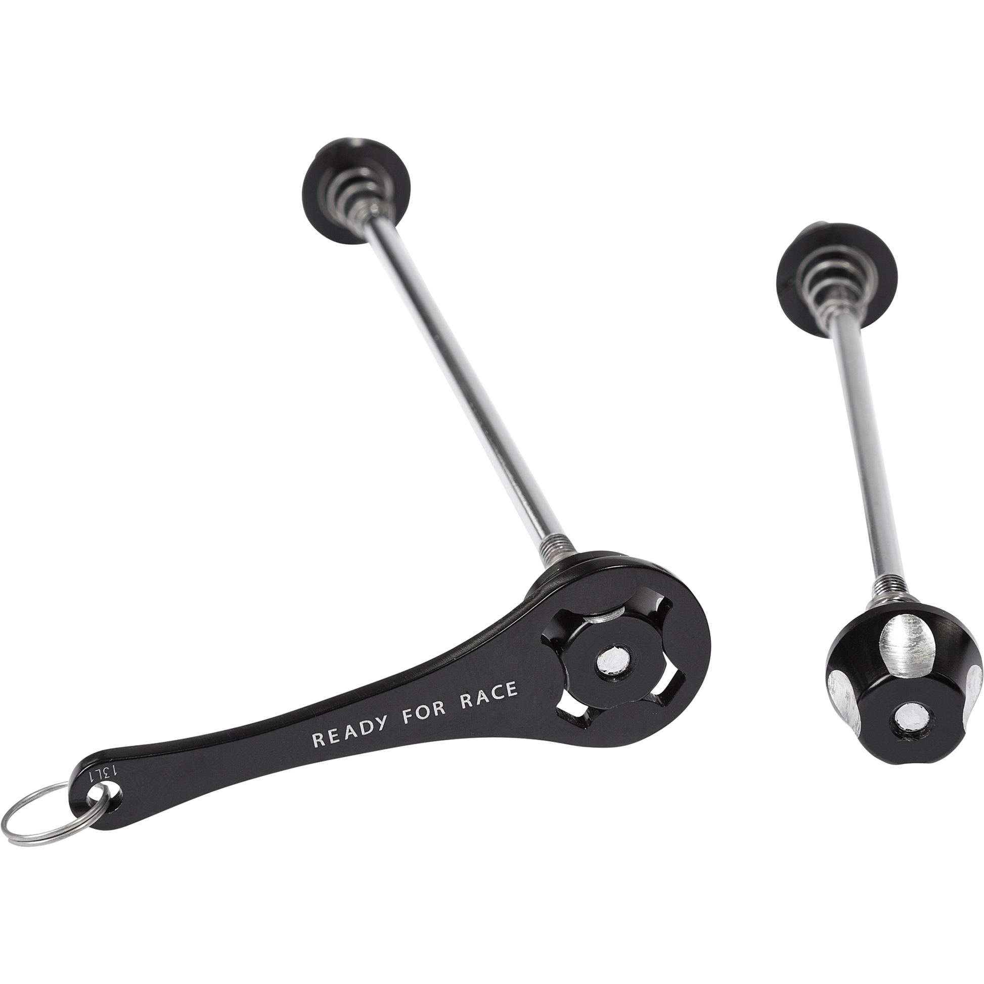 Das RFR Spannachsen - Set mit Diebstahlschutz VR/HR Schnellspanner verfügt über Metallradachsen mit schwarzen Schnellspannhebeln, inklusive READY FOR RACE Aufdruck und Diebstahlschutzring, abgebildet auf einem schlichten weißen Hintergrund.