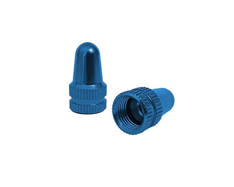 Abgebildet sind zwei blaue RFR Ventilkappen SV/AV Aluminium - eine aufrecht, eine liegend, um das Innengewinde zu zeigen. Sie haben einen geriffelten Griff und passen auf Presta- und Schrader-Ventile. Der Hintergrund ist einfarbig weiß.
