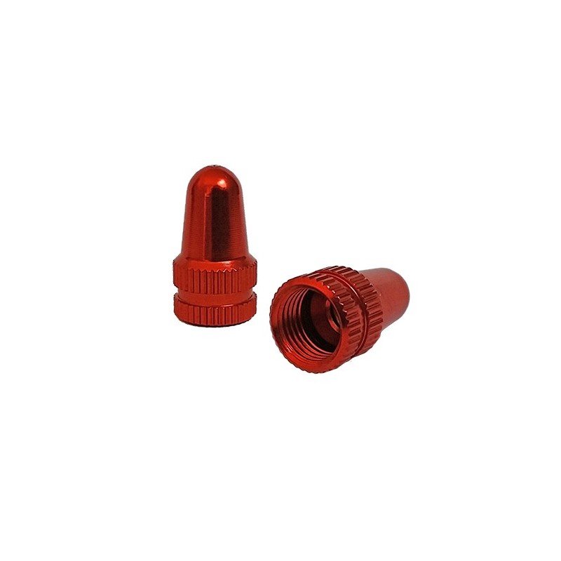 Zwei rote, metallische RFR Ventilkappen SV/AV Aluminium von RFR sind auf einem schlichten weißen Hintergrund abgebildet - eine aufrecht, eine auf der Seite liegend, um das Innengewinde zu zeigen. Sie passen auf Presta- und Schrader-Ventile für Auto- oder Fahrradreifen.