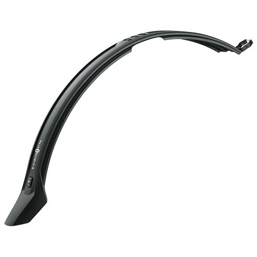 Das SKS VELO 65 MOUNTAIN Hinterrad hinten 26 Zoll, ein schwarzes, gebogenes Hinterradschutzblech von SKS, ist auf weißem Grund abgebildet. Sein schlankes Design bietet leichten Spritzschutz und verfügt über eine werkzeuglose Universalmontage über dem Rad.